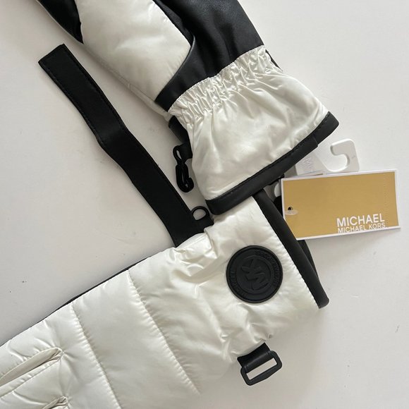 Michael Kors Quilted Black & White Leather Palm Touch Gloves with MK Logo. Sz M - Picture 10 of 16